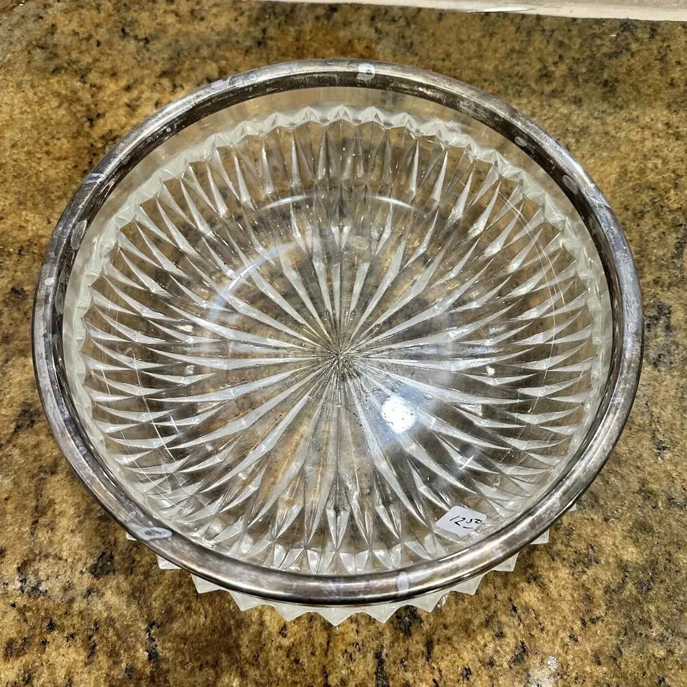 Vintage Crystal Candy Dish 8 Inch Fruit Bowl‎ Silverplate Rim Radiating MCM